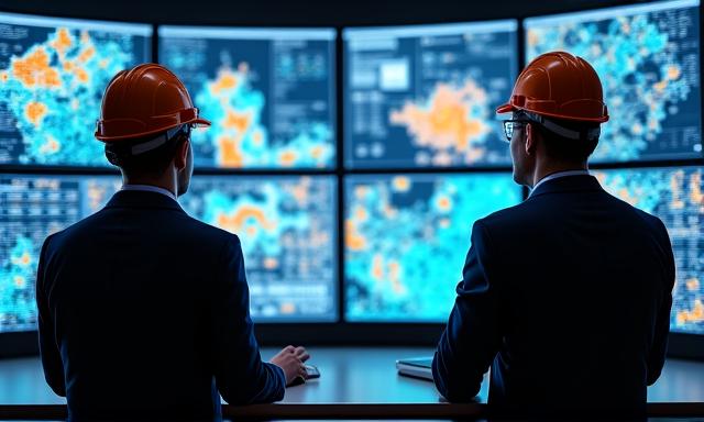 Engineers monitoring autonomous mining fleets from a high-tech control center