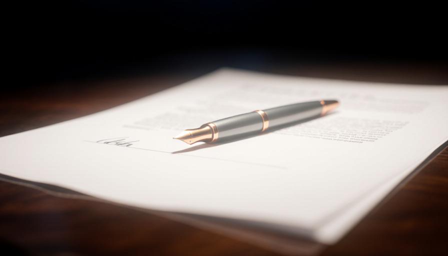 Close-up of a professional legal contract and a luxury fountain pen on a dark wood desk